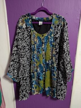 Ulla Popken Black White Colorful Floral Button Down Lined Blouse 6X 32 34